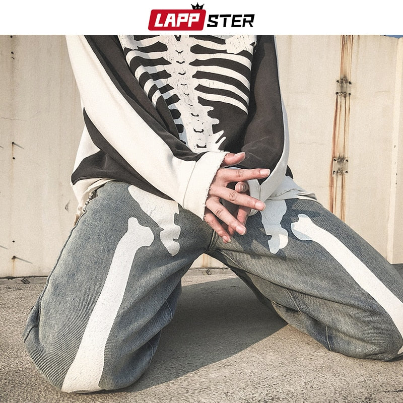 LAPPSTER Men Skeleton Oversized Black Jeans Pants 2023 Denim Mens Streetwear Hip Hop Harem Pants High Wasit Denim Pants Overalls