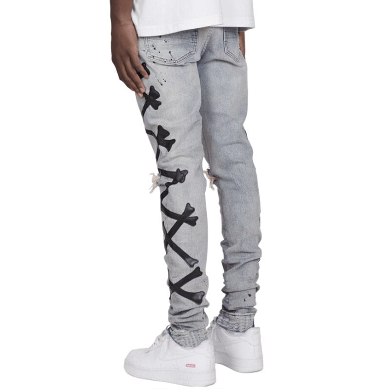 Ripped Jeans For Men Stretch Slim Printed Bones Skinny Pants Men Hip Hop Denim Trousers Streetwear Casual Stacked Jeans Blue