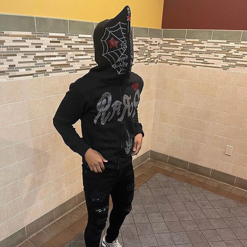 Men Y2K Full Zip Up Hoodie Gothic Streetwear Rhinestones Spider Web Jacket Coat Hip Hop Long Sleeve Oversized Hooded Sweatshirts