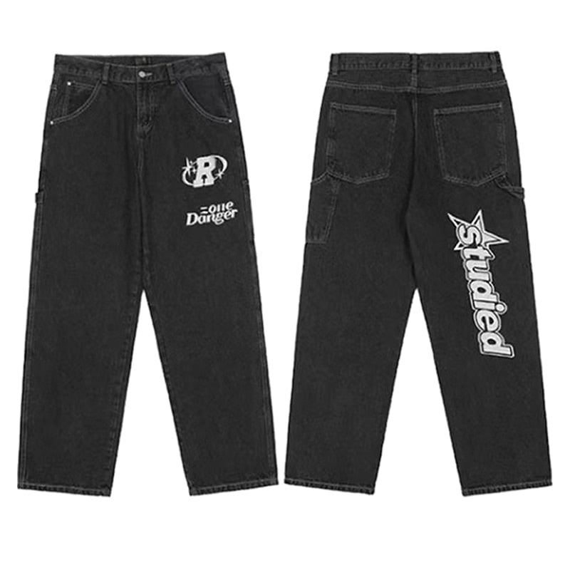 Y2K Women Korean Fashion Streetwear Casual Letter Print Straight Wide Leg Pants Baggy Denim Trousers Men Low Rise Jeans Clothes