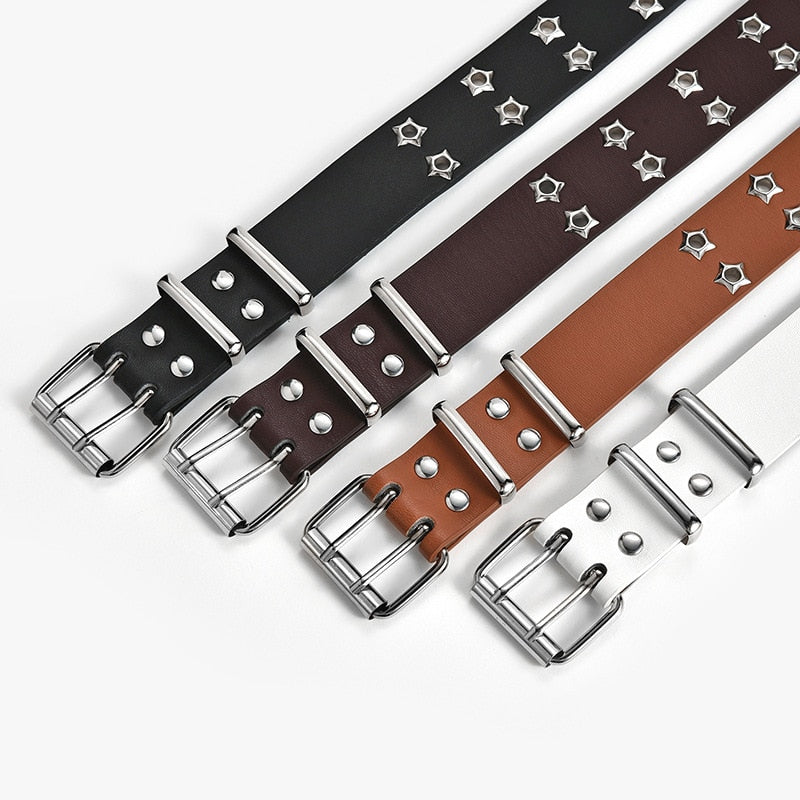 NEW Star Eye Rivet Belt Goth Style Double Pin Buckle Man/woman Fashion Casual Puck Style Pu Leather Waistband for Jeans Young