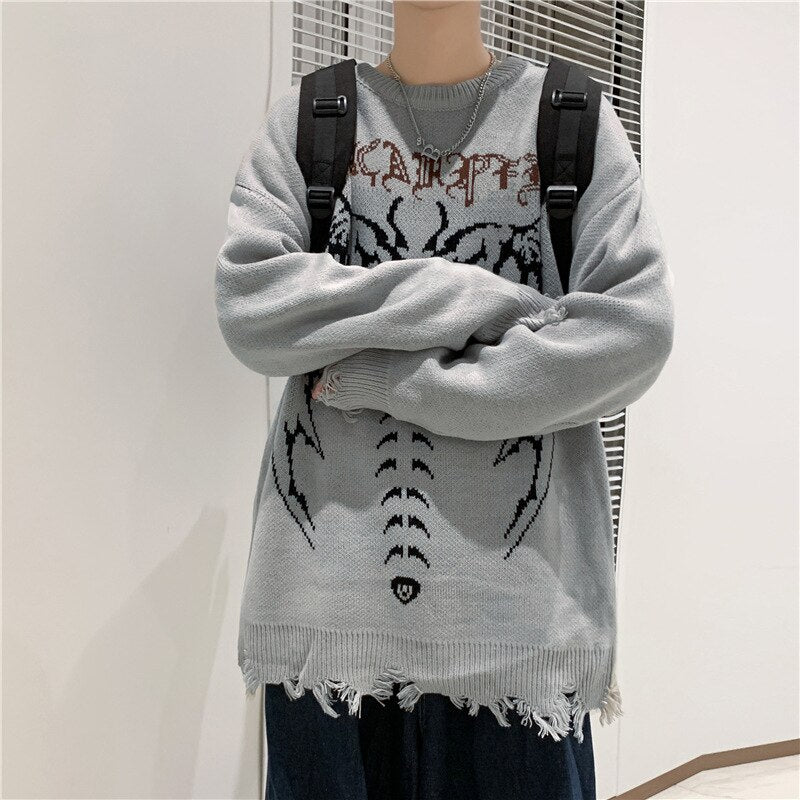 2022 Men Oversized Sweater Hip Hop Streetwear Knitted Jumper Sweaters Harajuku Bat Skeleton Print Gothic Pullover Couples Unisex