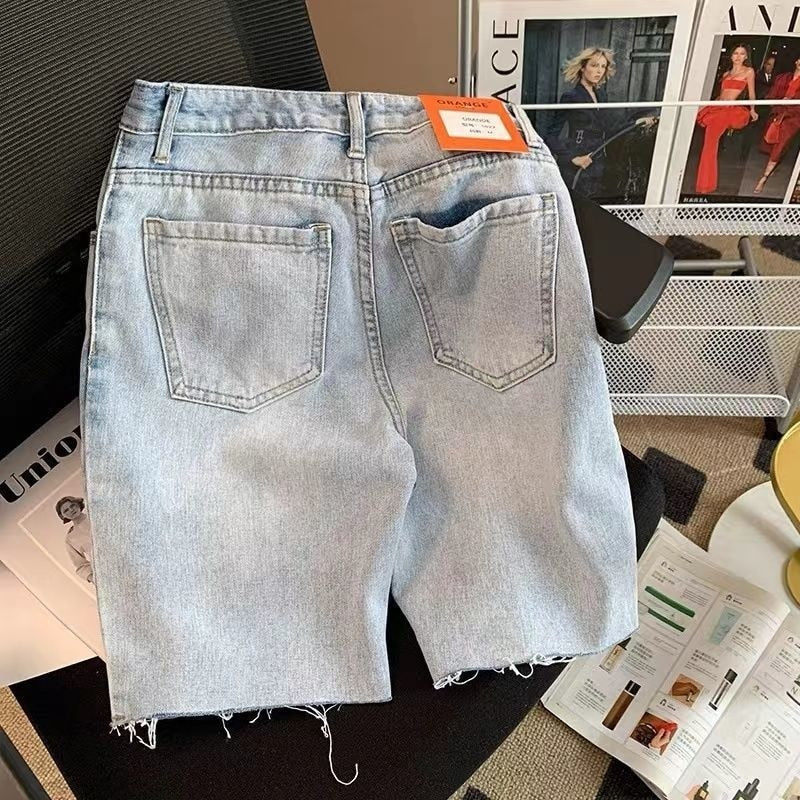 Y2K Ripped Denim Shorts European and American High Street Cross Jeans hip-hop Boyfriend straight loose wide-leg pants ins hot