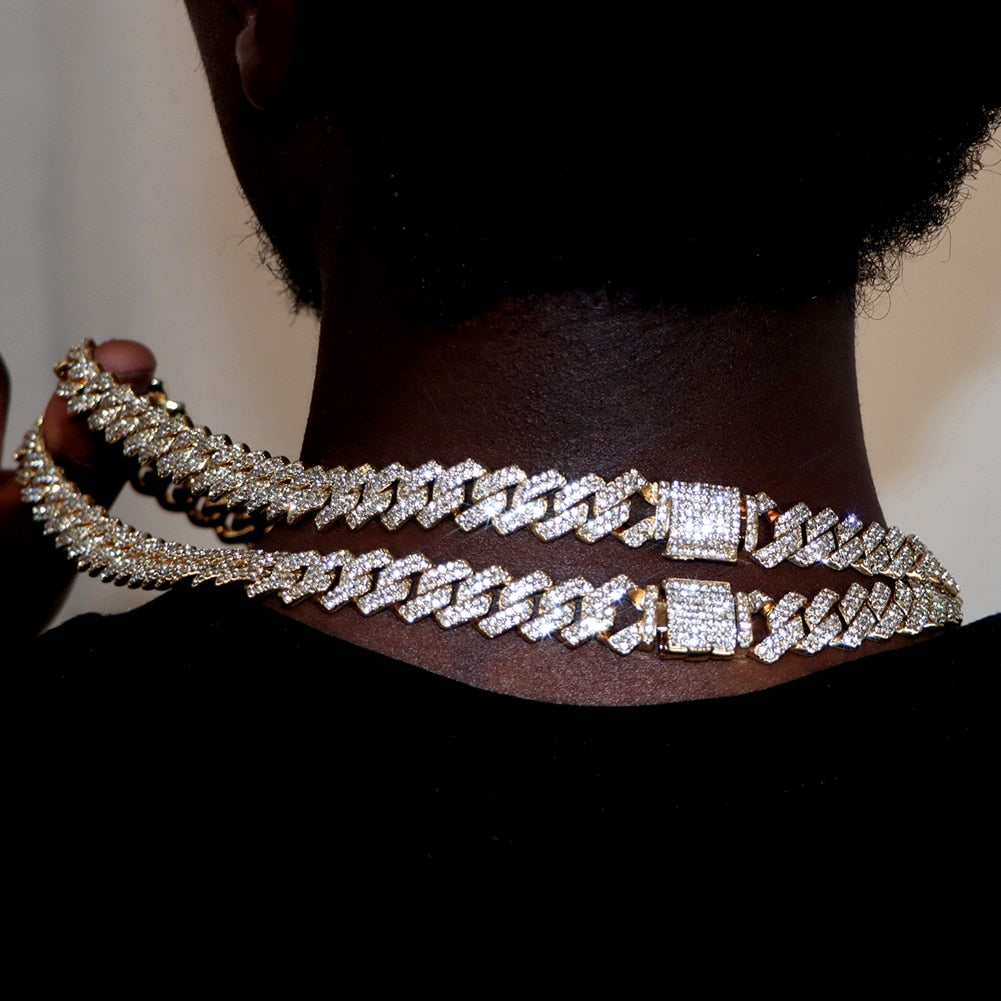 Hip Hop 14MM Prong Cuban Link Chain Necklace & Bracelet Iced Out Bling Cuban Chain Rhinestone Chains For Men Punk Rapper Jewelry