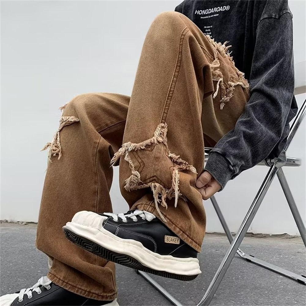 2022 New Fashion Stars Towel Embroidery Brown Baggy Men Jeans Pants Y2K Clothes Straight Hip Hop Cotton Trousers Pantalon Homme