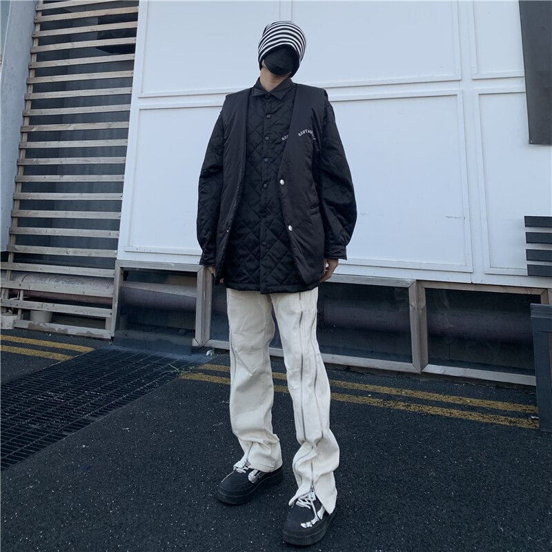 Zipper Hip Hop Cargo Pants Y2k Jeans Woman Man Baggy Streetwear Casual Black Stacked Men Free Shipping Slim Flare White Men's