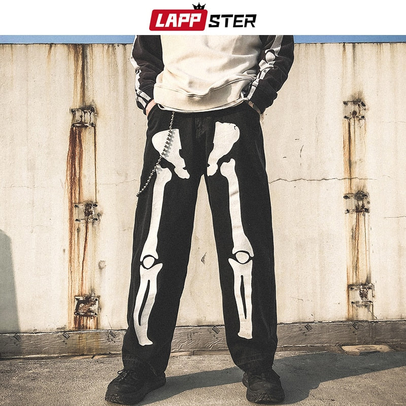 LAPPSTER Men Skeleton Oversized Black Jeans Pants 2023 Denim Mens Streetwear Hip Hop Harem Pants High Wasit Denim Pants Overalls