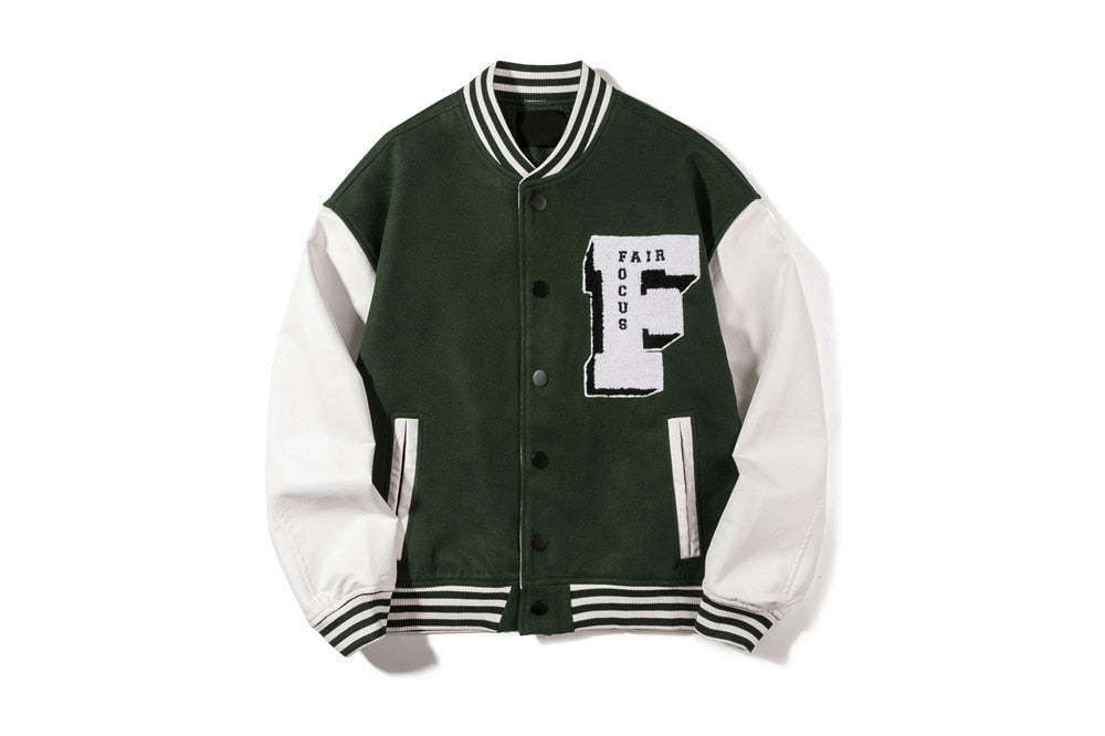 Dark Icon Embroidery Baseball Jacket Men Leather Patchwork High Street Men's Jackets Black Green