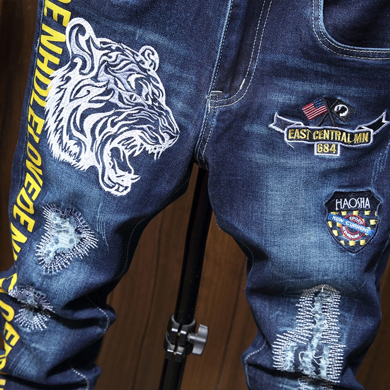 Male Jeans Men Men'S Jean Homme Denim Slim Fit Pants Trousers Blue Biker Printing Jeans For Men Skinny Casual Fashion Sweatpants