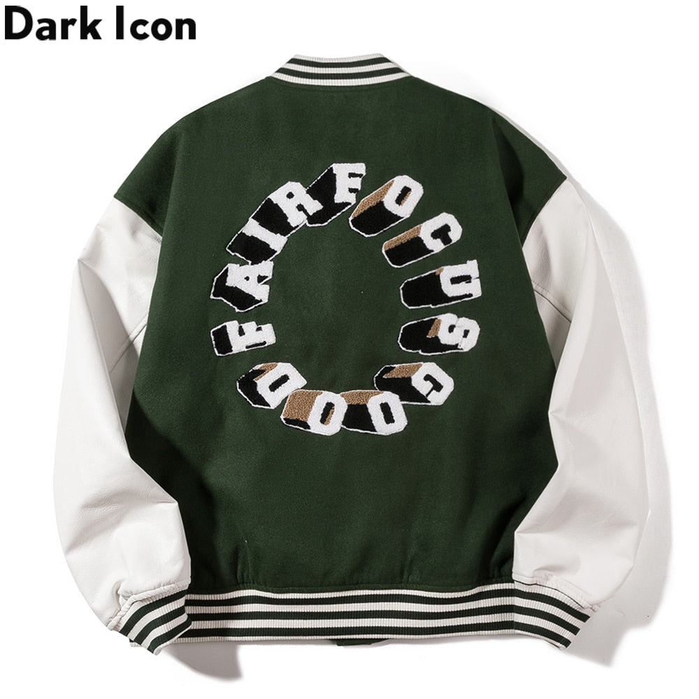 Dark Icon Embroidery Baseball Jacket Men Leather Patchwork High Street Men's Jackets Black Green