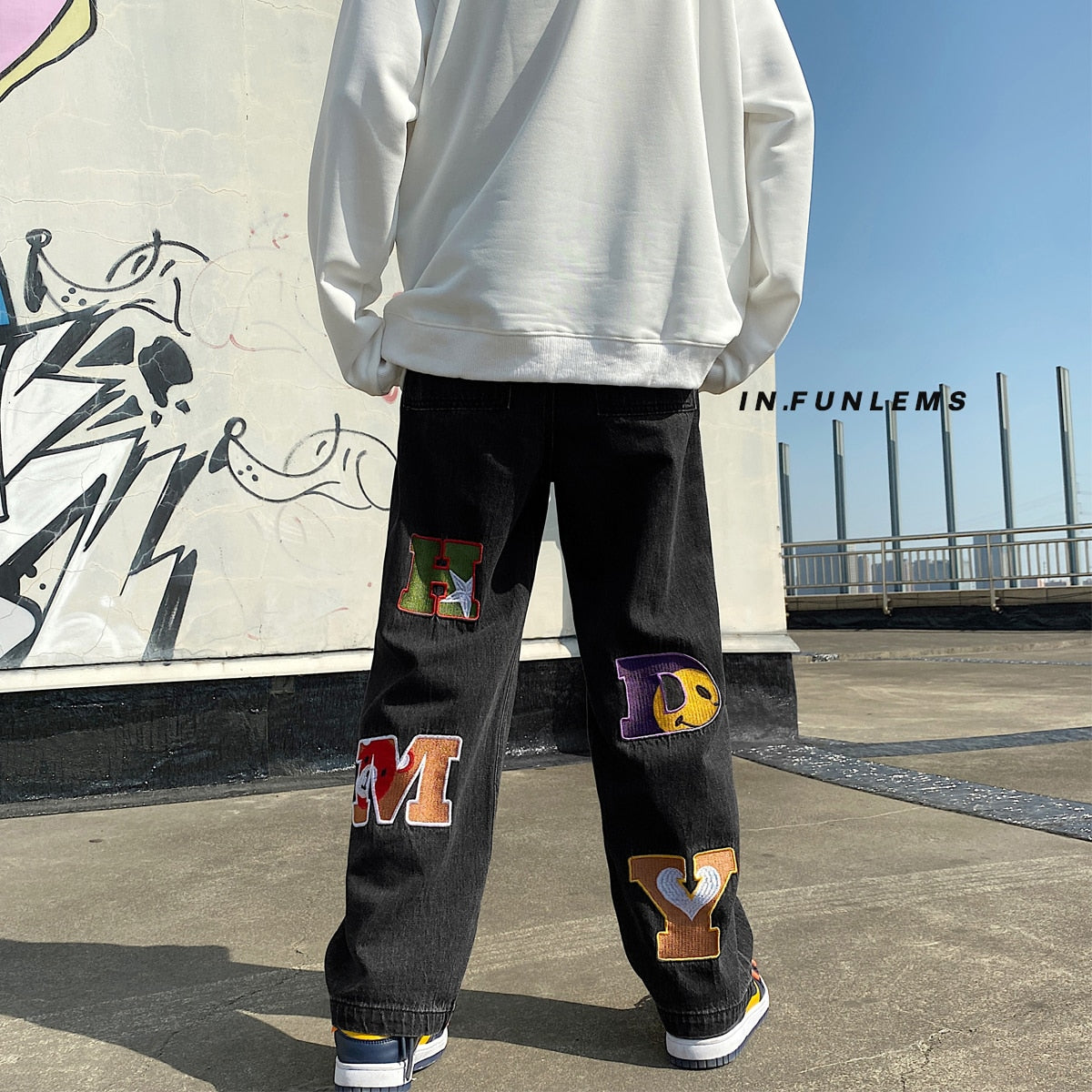 LAPPSTER Men Skeleton Oversized Black Jeans Pants 2023 Denim Mens Streetwear Hip Hop Harem Pants High Wasit Denim Pants Overalls