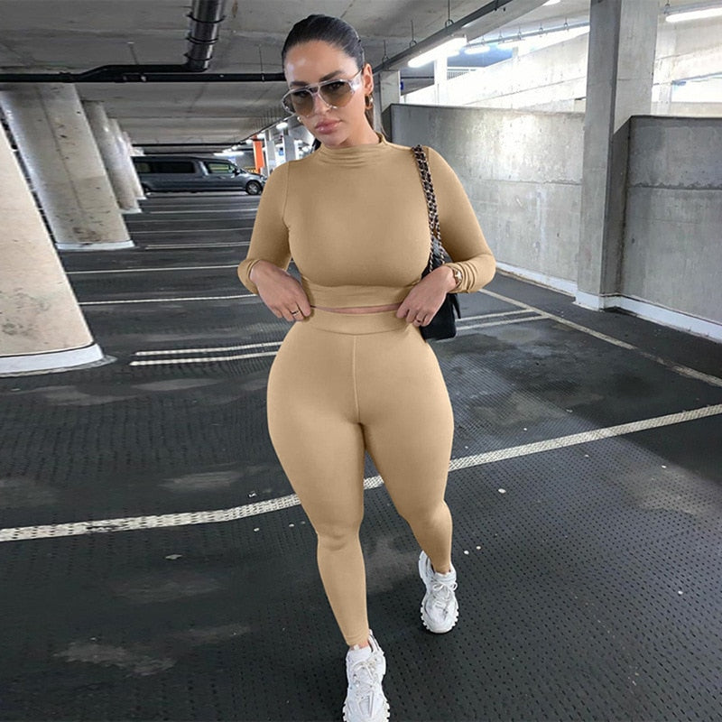 Winter Fitness 2 Two Piece Set Women Lounge wear Long Sleeve Crop Top + Leggings Bodycon Tracksuit Women Outfits Jogging Femme