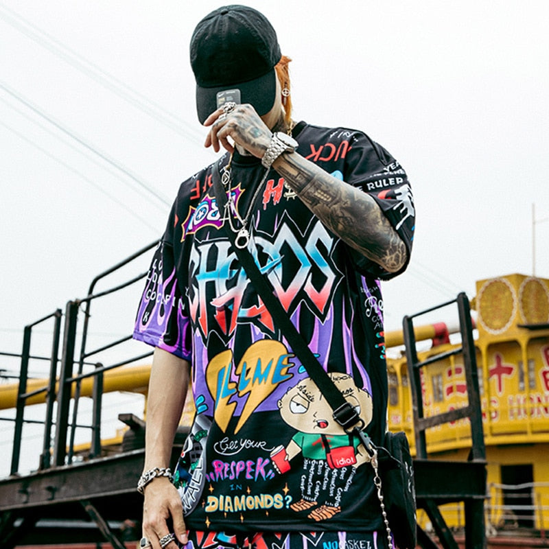 Aolamegs T Shirt Men Graffiti Cartoon Printed Men's Tee Shirts Short Sleeve T Shirt Fashion High Street Tees Summer Streetwear