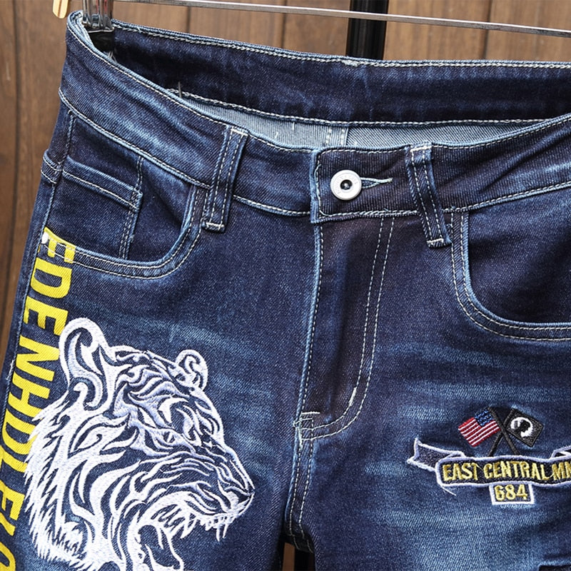 Male Jeans Men Men'S Jean Homme Denim Slim Fit Pants Trousers Blue Biker Printing Jeans For Men Skinny Casual Fashion Sweatpants
