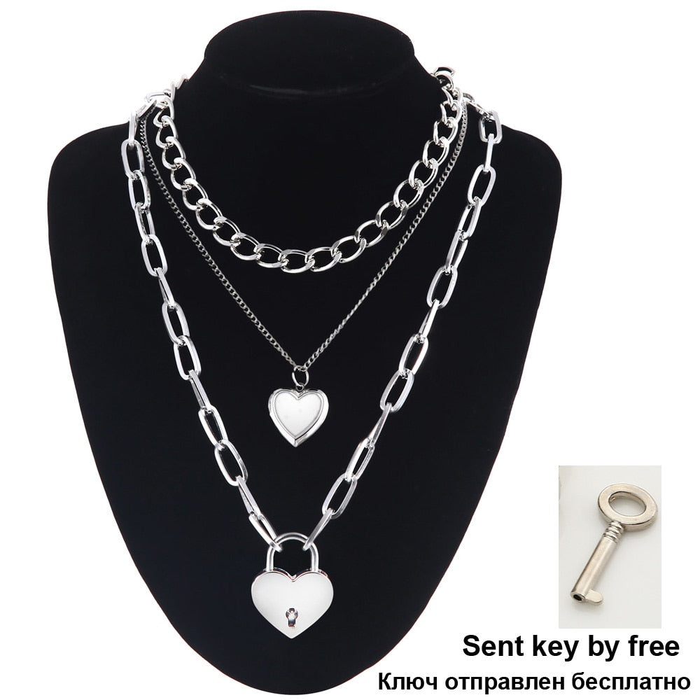 Layered Chain Necklace Cool Lock Goth Accessories Grunge Style Fairy Core Choker 2000s Aesthetic Y2k E Girl Jewelry