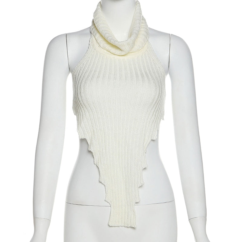 Women Fashion Knitted Worsted Vest   Irregular Shape Cut Out High Street Style Top Cascading Turtleneck Sleeveless Wear