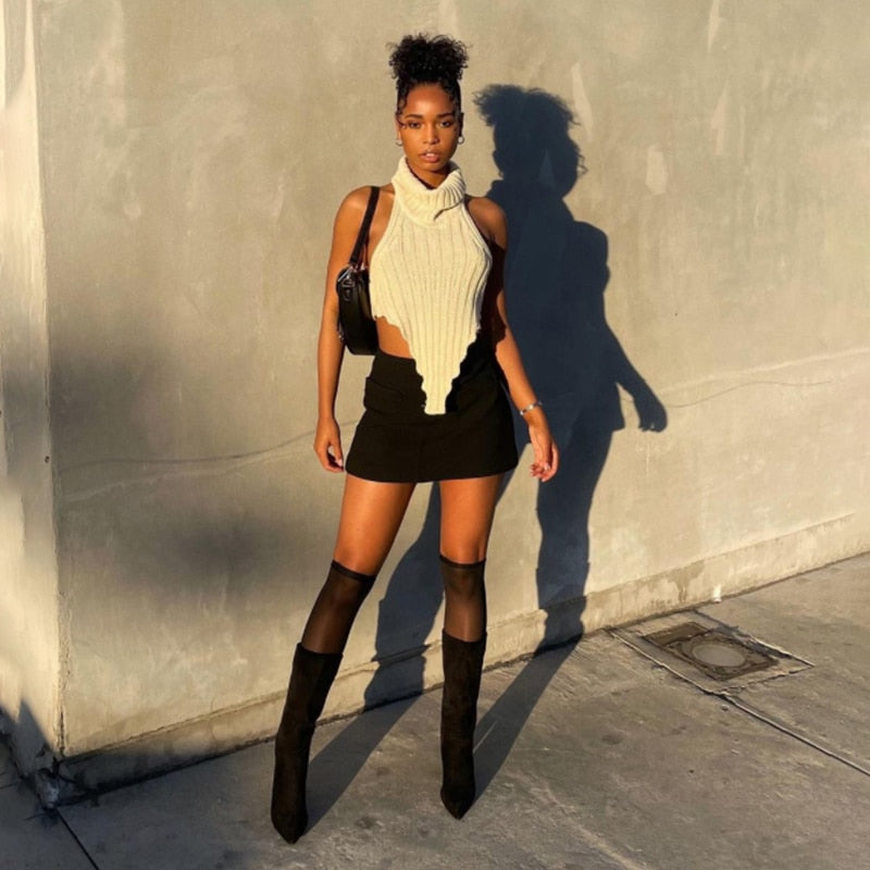 Women Fashion Knitted Worsted Vest   Irregular Shape Cut Out High Street Style Top Cascading Turtleneck Sleeveless Wear