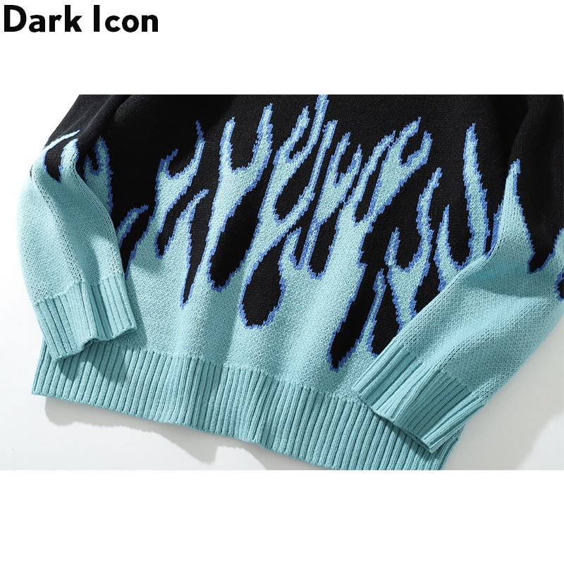 DARK ICON Blue Flame Sweater Me 2019 Winter Streetwear Men's Sweaters Pullover Knitwear Sweater for Men