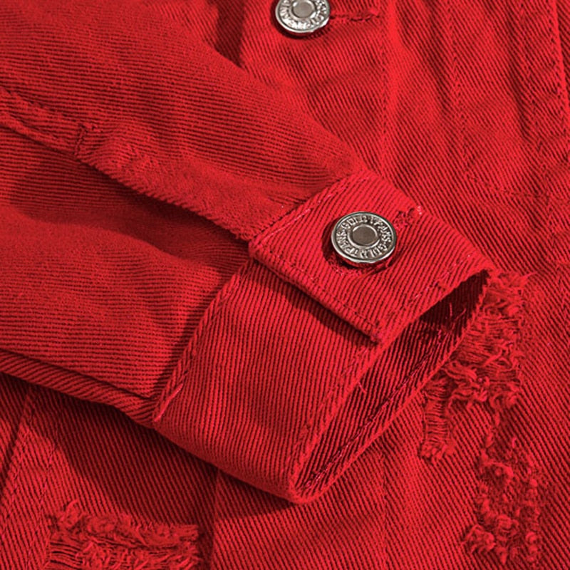 Sokotoo Men's letters embroidered red jean jacket Holes ripped denim coat Outerwear