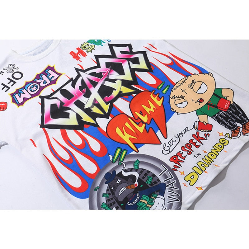 Aolamegs T Shirt Men Graffiti Cartoon Printed Men's Tee Shirts Short Sleeve T Shirt Fashion High Street Tees Summer Streetwear
