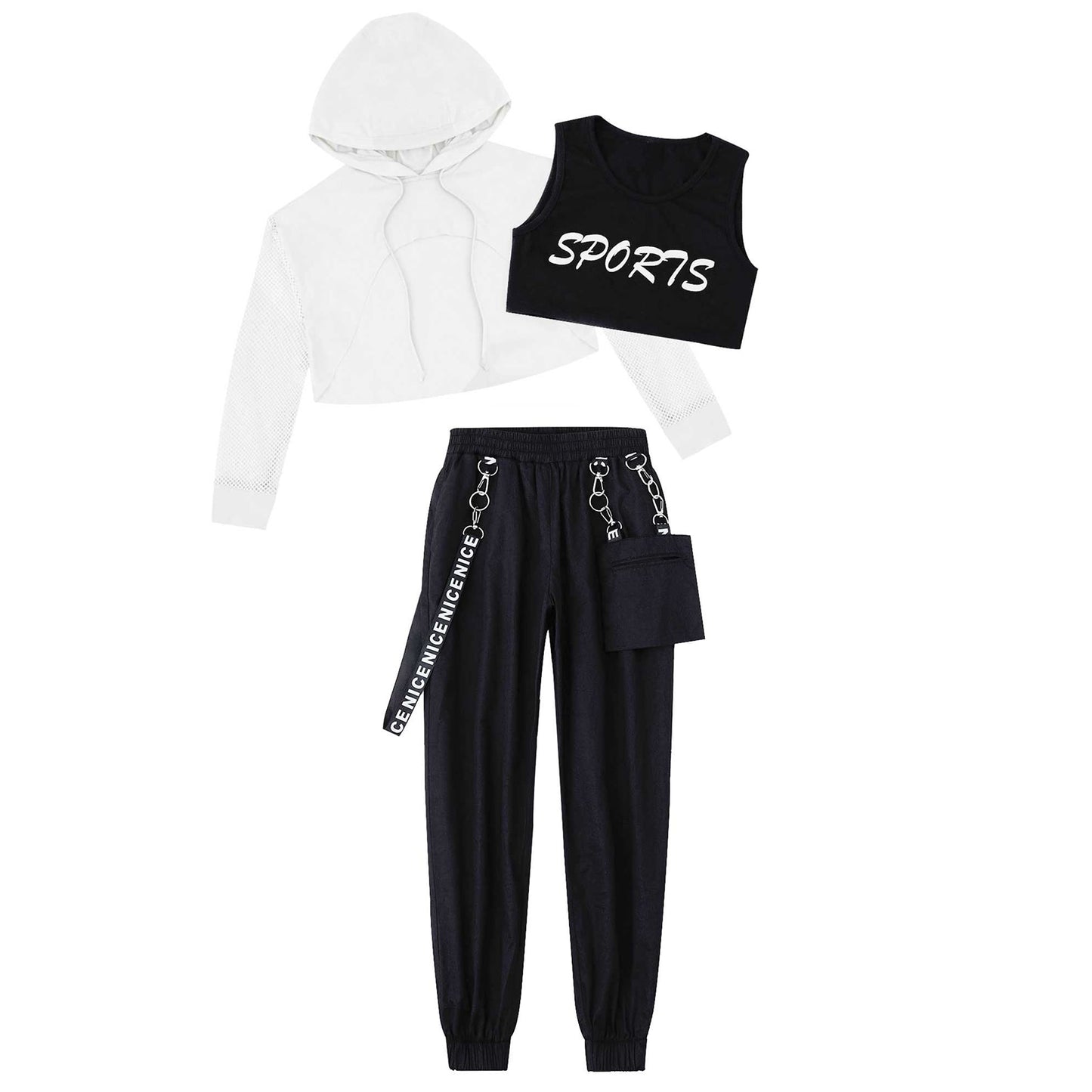 Hip Hop Girls Clothing Jazz Costumes Kids Hooded Net Cover Up Tops With Crop Vest And Pants Sports Set Modern Dance Street Wear