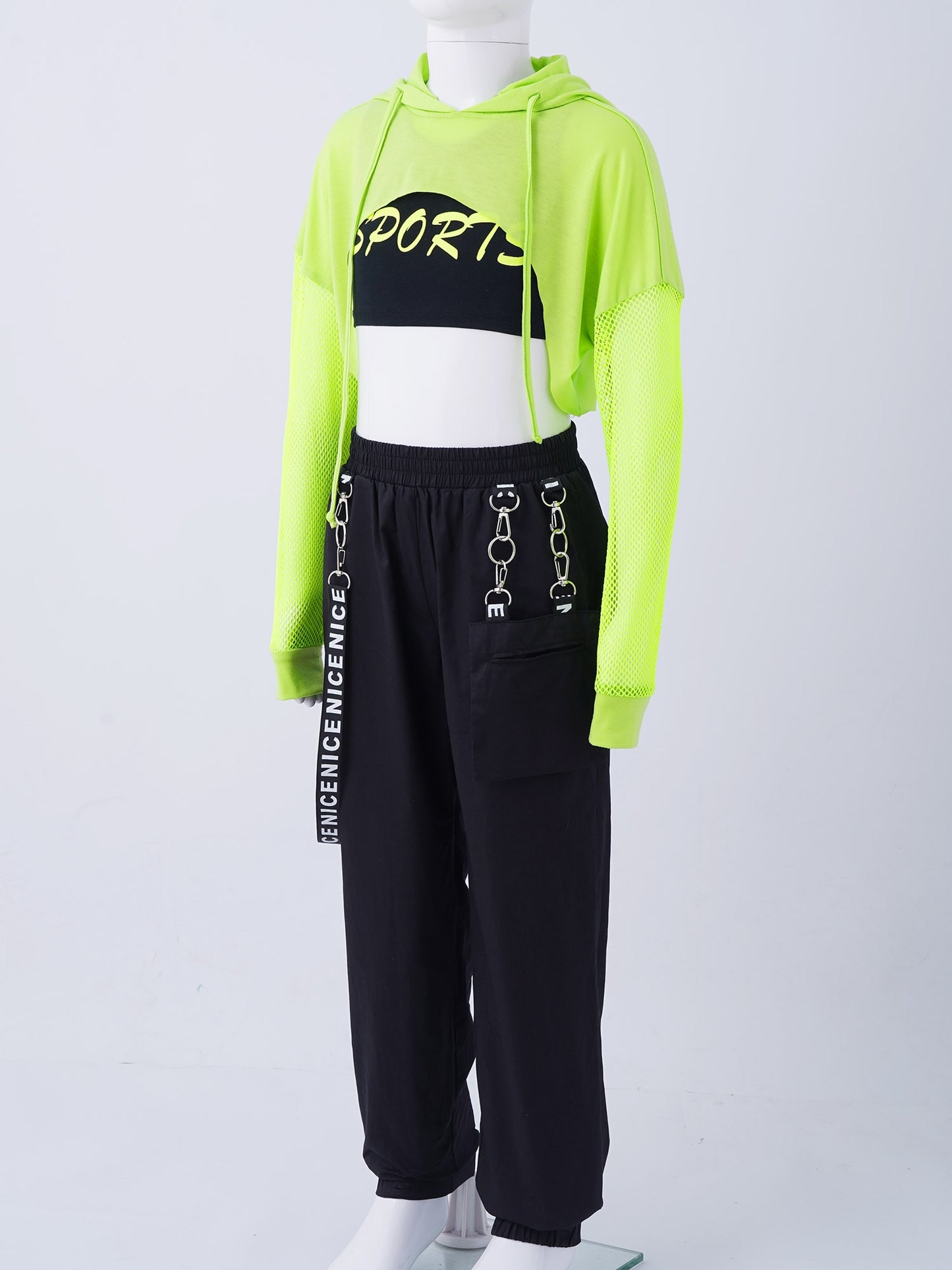 Hip Hop Girls Clothing Jazz Costumes Kids Hooded Net Cover Up Tops With Crop Vest And Pants Sports Set Modern Dance Street Wear