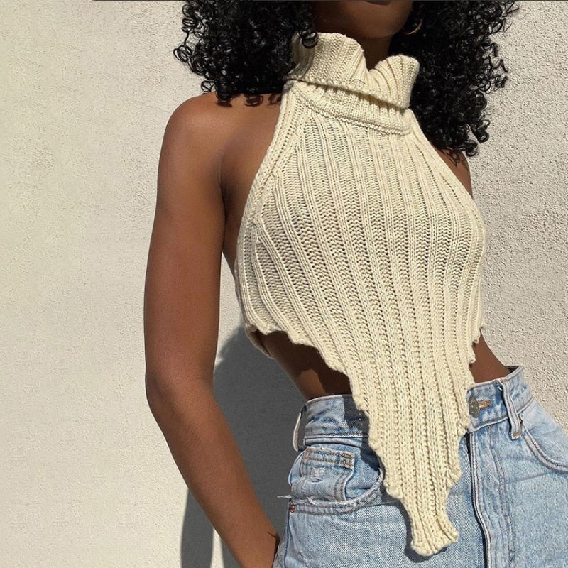 Women Fashion Knitted Worsted Vest   Irregular Shape Cut Out High Street Style Top Cascading Turtleneck Sleeveless Wear