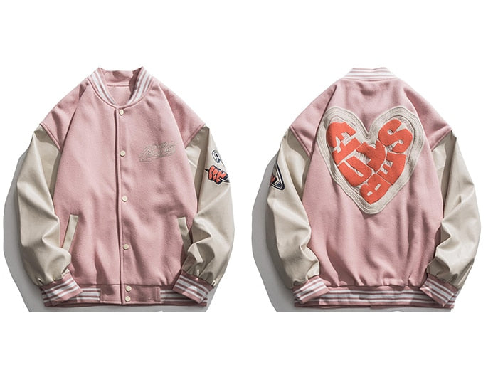 LACIBLE Streetwear Love Pattern Baseball Jacket Men Tops Hip Hop Patchwork Letter Print Varsity Jacket Women Outwear Autumn Coat