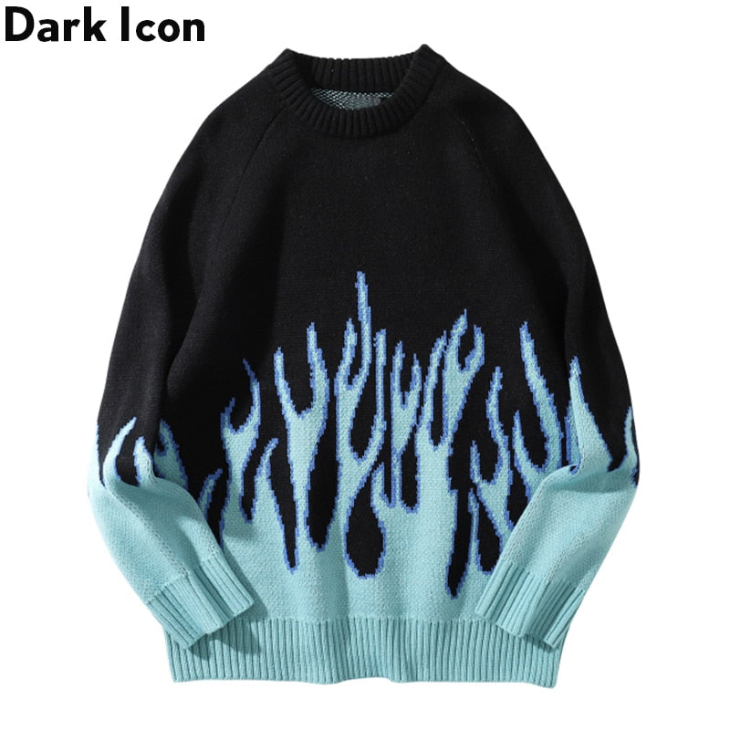 DARK ICON Blue Flame Sweater Me 2019 Winter Streetwear Men's Sweaters Pullover Knitwear Sweater for Men