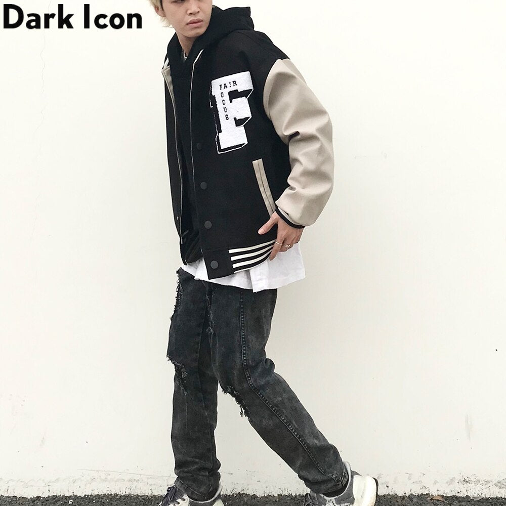 Dark Icon Embroidery Baseball Jacket Men Leather Patchwork High Street Men's Jackets Black Green