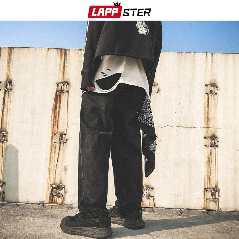 LAPPSTER Men Skeleton Oversized Black Jeans Pants 2023 Denim Mens Streetwear Hip Hop Harem Pants High Wasit Denim Pants Overalls