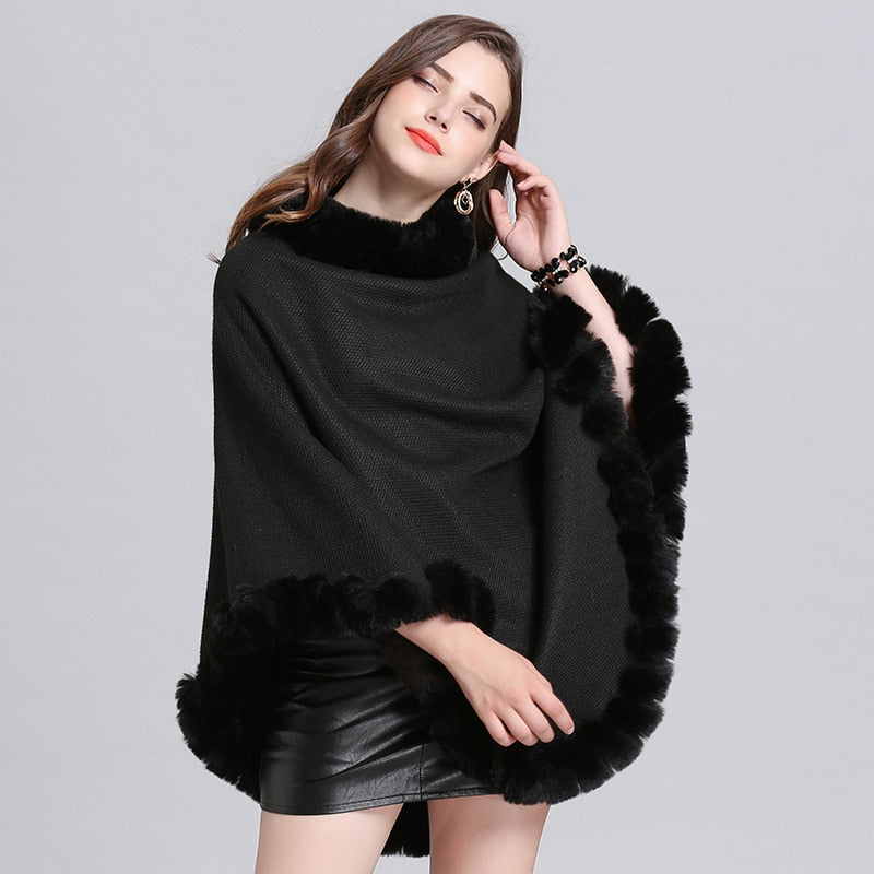 10 Colors Velvet Warm Pullover Cloak Winter Hole Faux Rabbit Fur  Street Wear Women Capes Solid Poncho Knitted O Neck Loose Coat