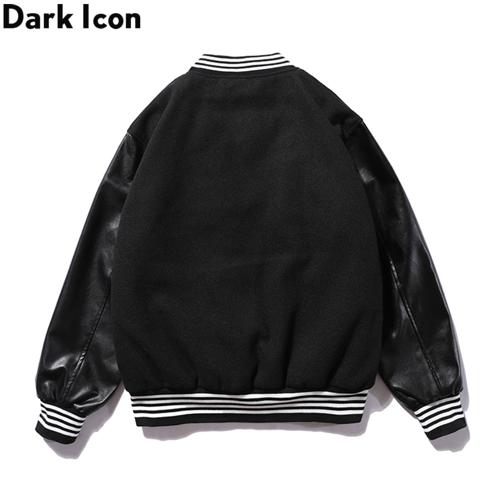 Dark Icon PU Leather Patchwork Bomber Jacket Embroidery Padded Thick Winter Men's Jackets Baseball Jacket Man
