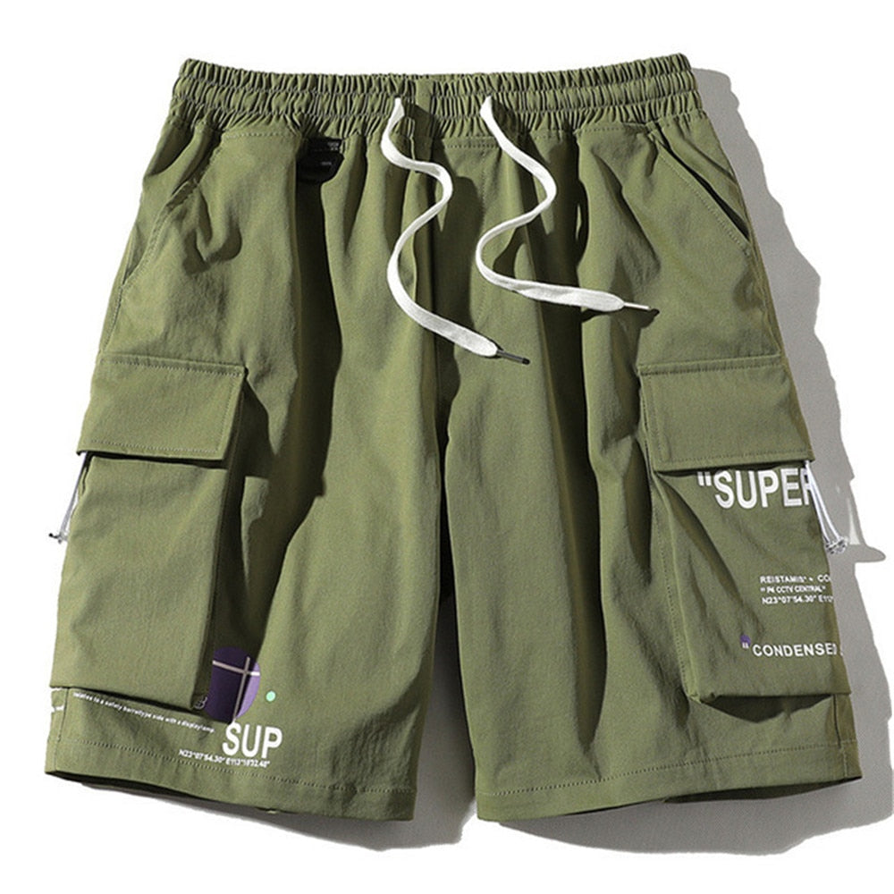 FOJAGANTO Men Summer Cargo Shorts Trend Brand Men High Street Drawstring Knee Length Shorts Fashion Printing Casual Shorts Male
