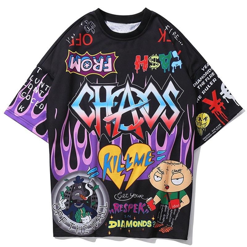Aolamegs T Shirt Men Graffiti Cartoon Printed Men's Tee Shirts Short Sleeve T Shirt Fashion High Street Tees Summer Streetwear