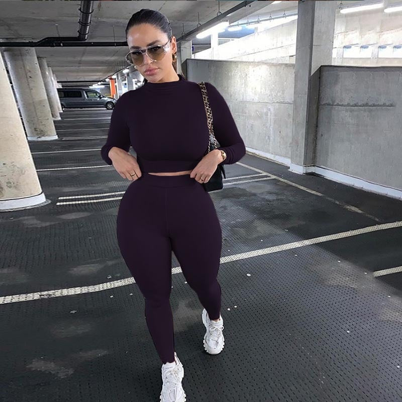 Winter Fitness 2 Two Piece Set Women Lounge wear Long Sleeve Crop Top + Leggings Bodycon Tracksuit Women Outfits Jogging Femme