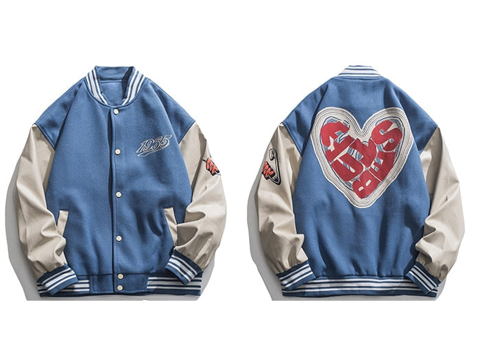 LACIBLE Streetwear Love Pattern Baseball Jacket Men Tops Hip Hop Patchwork Letter Print Varsity Jacket Women Outwear Autumn Coat