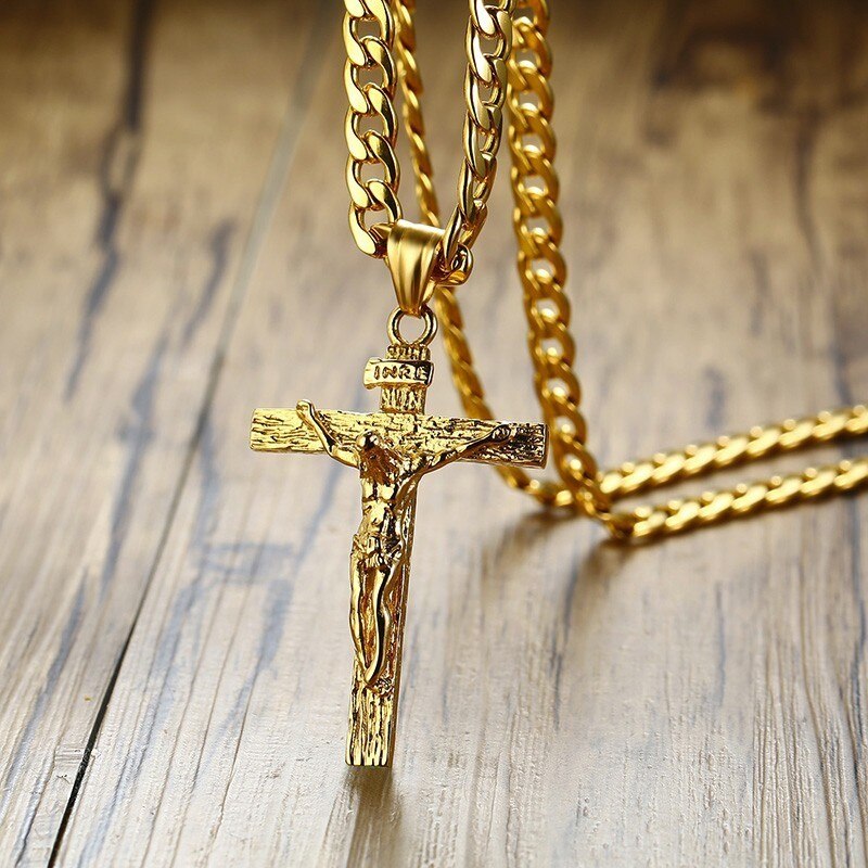 Cross Jesus Stainless Steel Pendant Necklace Hip Hop Cuban within Cuban Link Crucifix  Necklace 24 in
