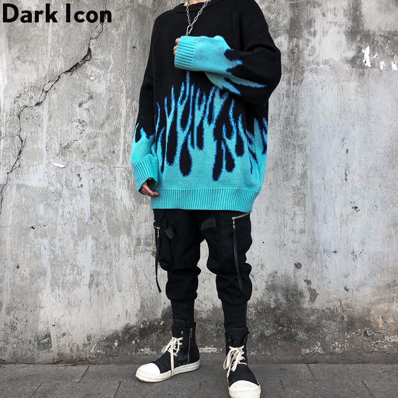 DARK ICON Blue Flame Sweater Me 2019 Winter Streetwear Men's Sweaters Pullover Knitwear Sweater for Men