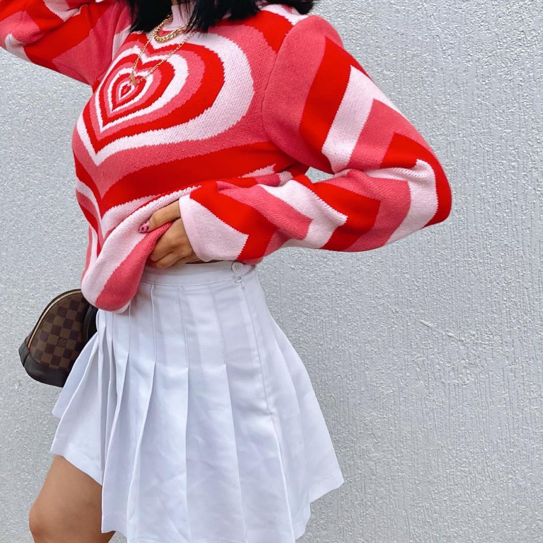 Y2K Knitted Sweater Aesthetics Heart Striped Pullovers Sweater Girls Sweet Long Sleeve Turtleneck Jumper Autumn Streetwear