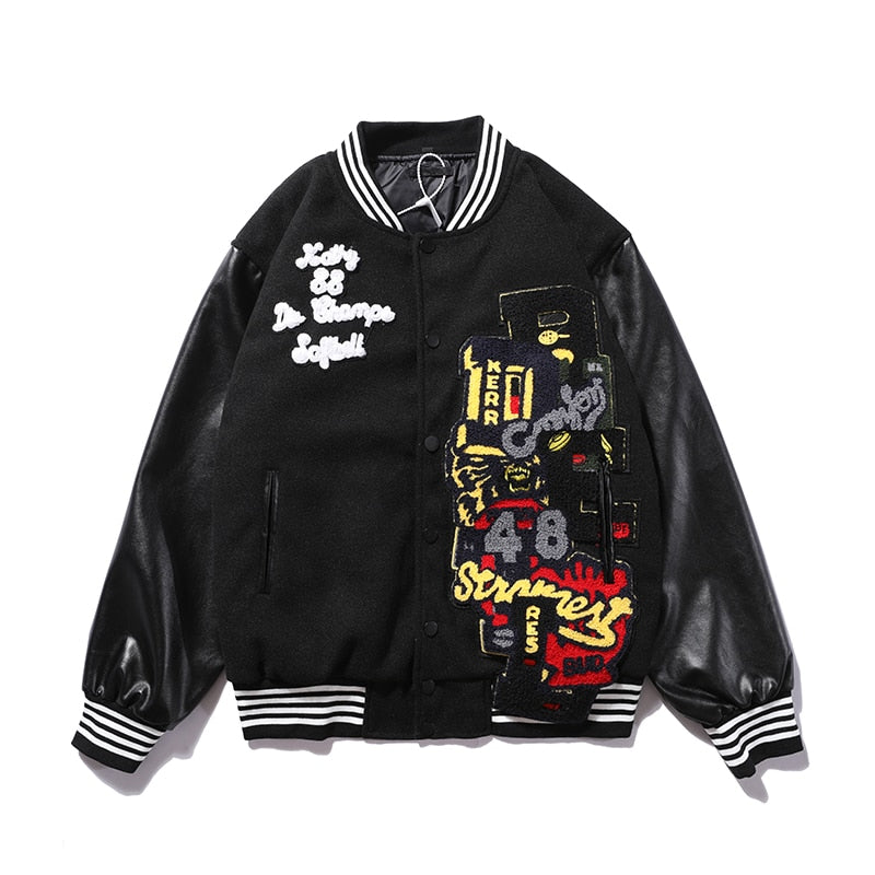 Dark Icon PU Leather Patchwork Bomber Jacket Embroidery Padded Thick Winter Men's Jackets Baseball Jacket Man