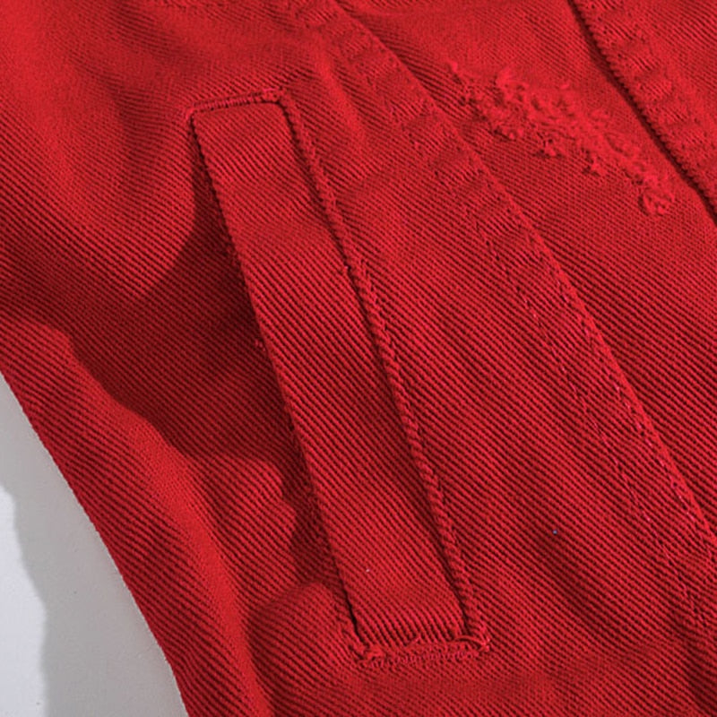 Sokotoo Men's letters embroidered red jean jacket Holes ripped denim coat Outerwear