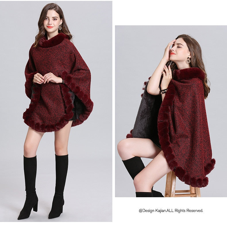 10 Colors Velvet Warm Pullover Cloak Winter Hole Faux Rabbit Fur  Street Wear Women Capes Solid Poncho Knitted O Neck Loose Coat