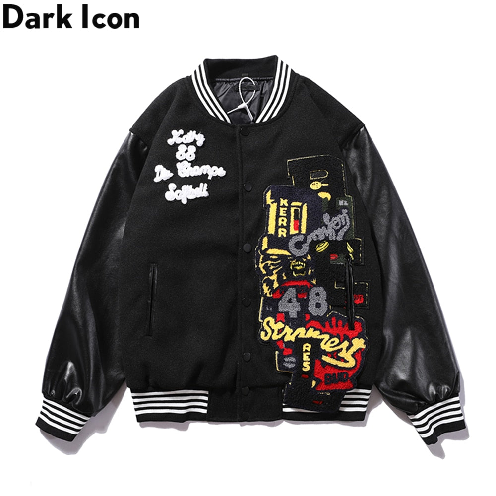 Dark Icon PU Leather Patchwork Bomber Jacket Embroidery Padded Thick Winter Men's Jackets Baseball Jacket Man
