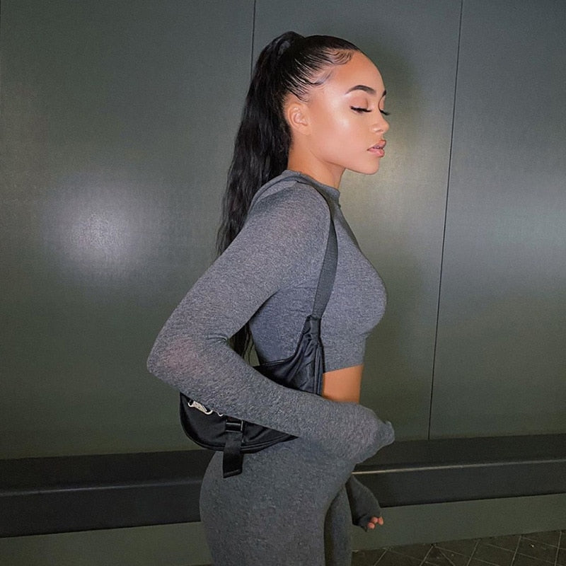 Winter Fitness 2 Two Piece Set Women Lounge wear Long Sleeve Crop Top + Leggings Bodycon Tracksuit Women Outfits Jogging Femme