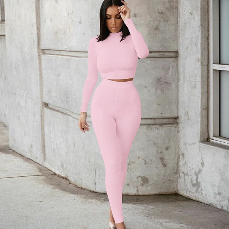 Winter Fitness 2 Two Piece Set Women Lounge wear Long Sleeve Crop Top + Leggings Bodycon Tracksuit Women Outfits Jogging Femme