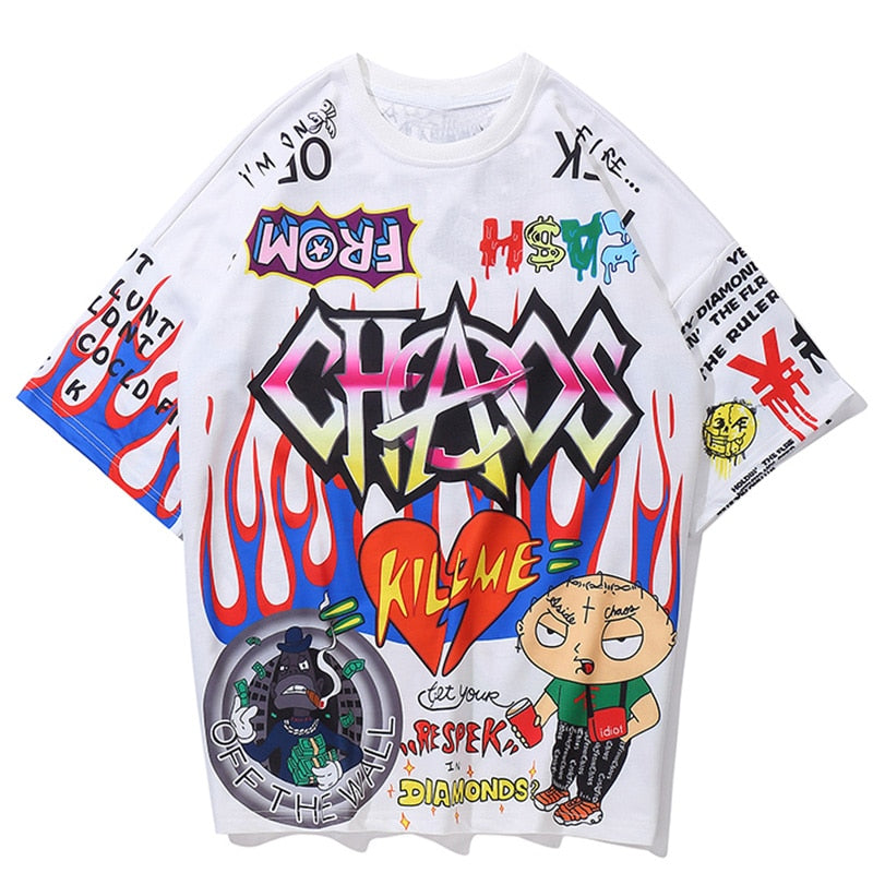 Aolamegs T Shirt Men Graffiti Cartoon Printed Men's Tee Shirts Short Sleeve T Shirt Fashion High Street Tees Summer Streetwear