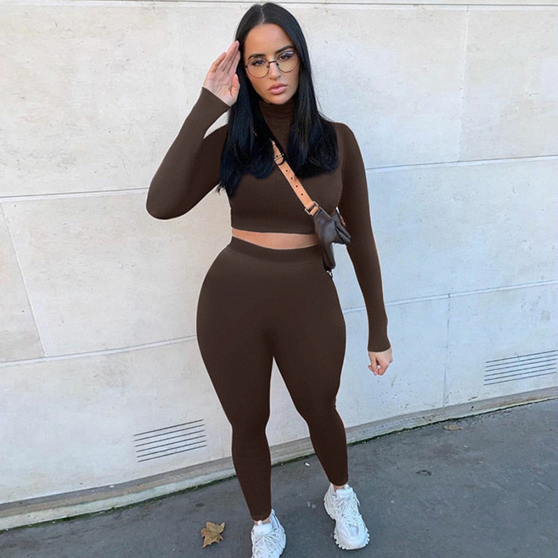 Winter Fitness 2 Two Piece Set Women Lounge wear Long Sleeve Crop Top + Leggings Bodycon Tracksuit Women Outfits Jogging Femme