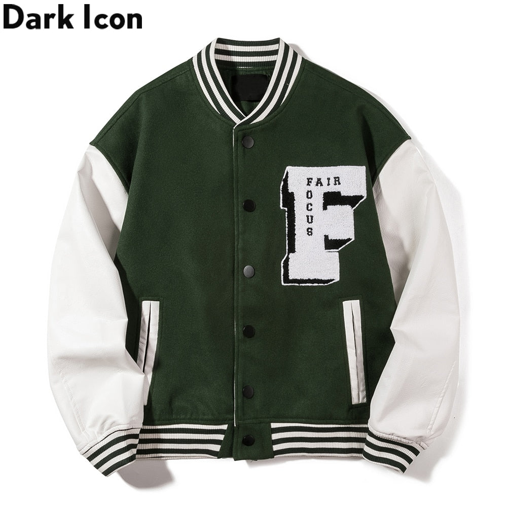 Dark Icon Embroidery Baseball Jacket Men Leather Patchwork High Street Men's Jackets Black Green