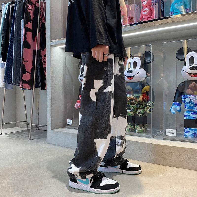 Geniş bacak kot adam düz kravat-boya kot Denim pantolon erkek kot erkekler için Streetwear Jean Baggy erkek boy erkekler Boys giyim
